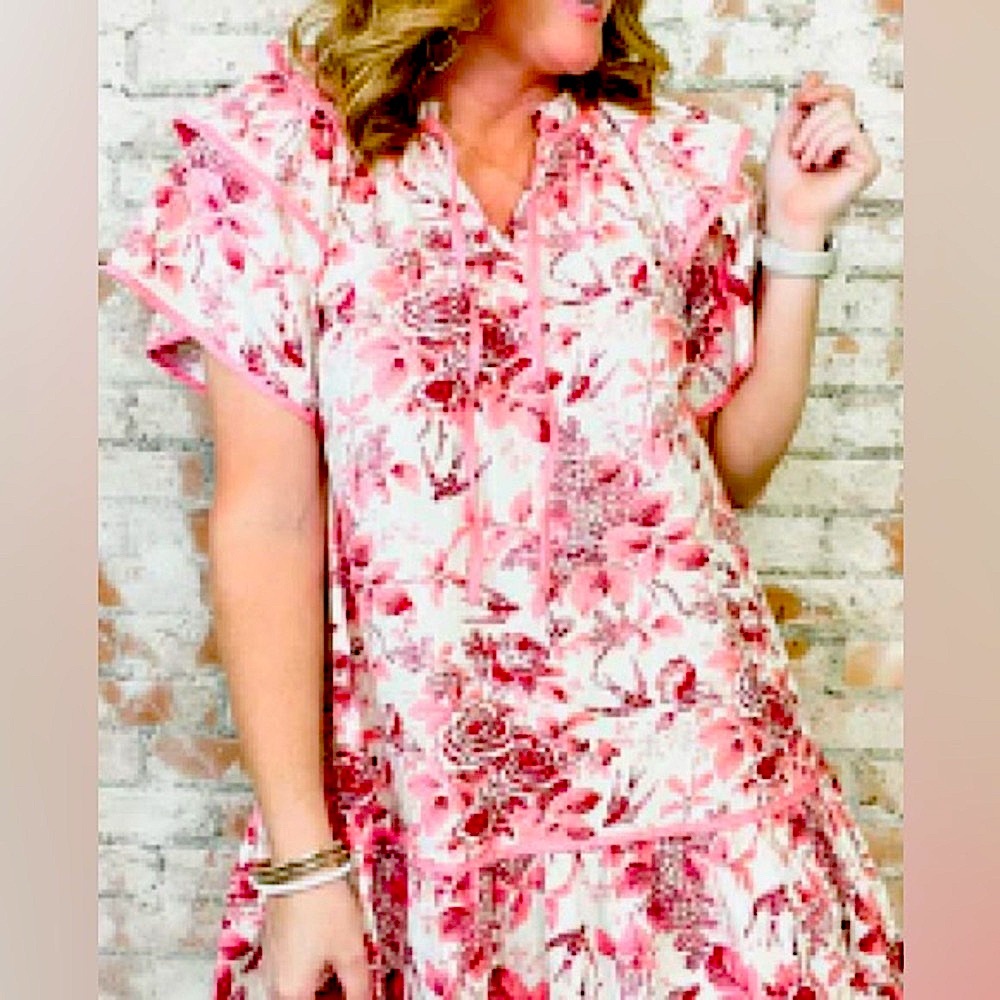 Umgee Pink Floral Flutter Sleeve Sundress